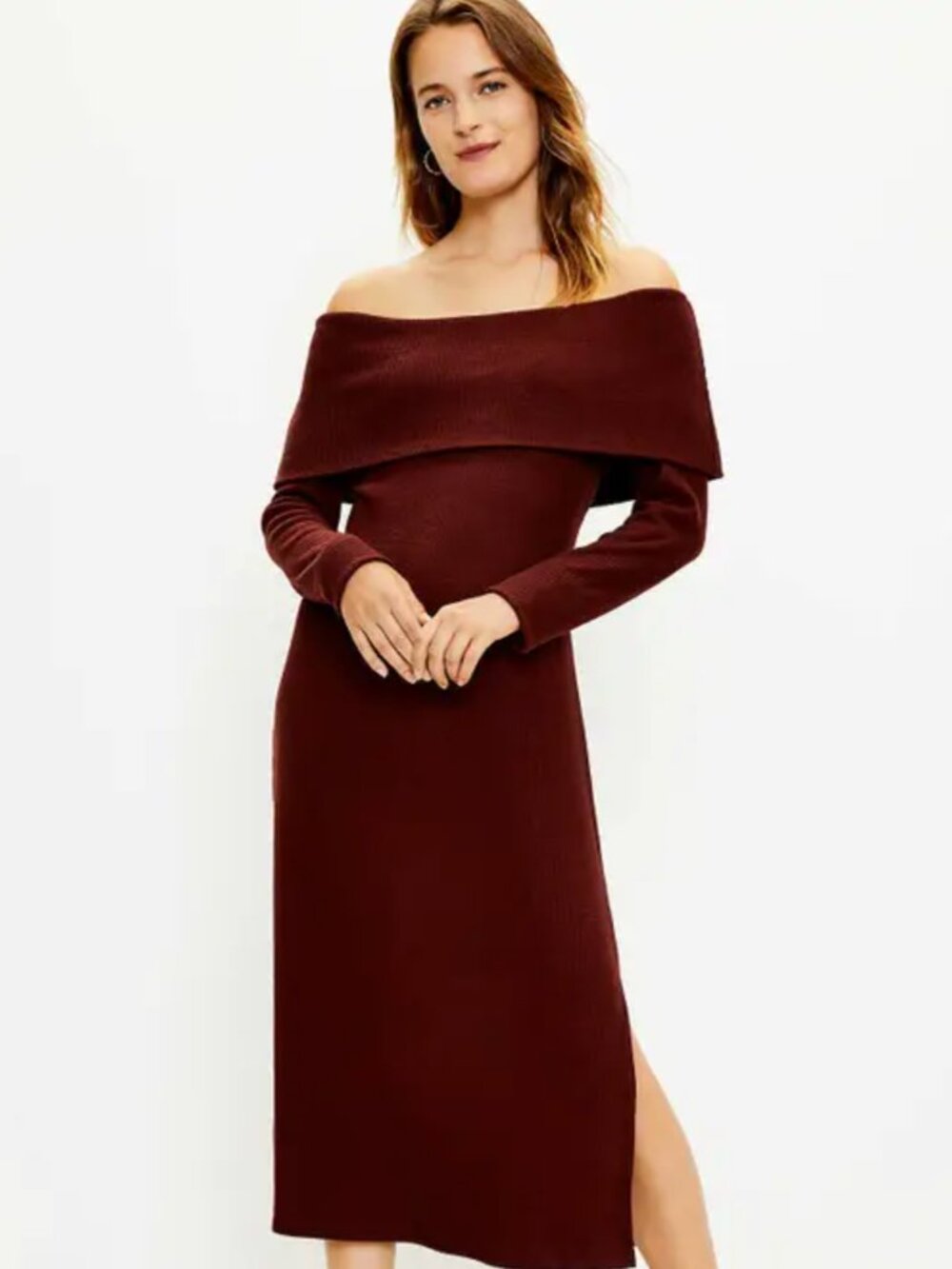 LOFT Off-the-Shoulder Ribbed Knit Midi Dress | Burgundy |  Size L